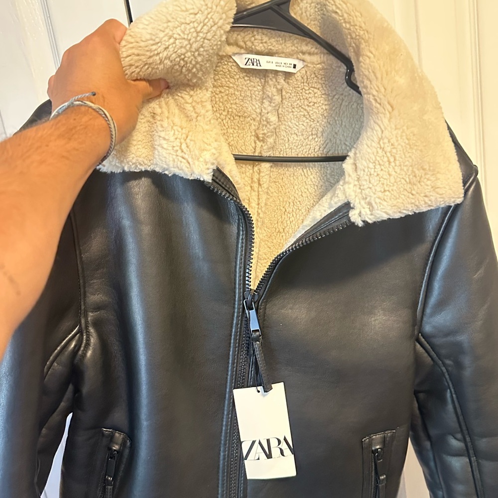 ZARA Black Leather Jacket with Cream Lining NEW with tags